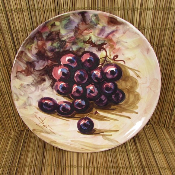 Vintage Peasant Village Italian Pottery Hand Painted Fruit Grapes 8.25" Plate - Picture 3 of 7